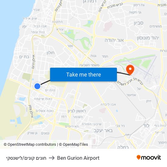 חונים קונים/לישנסקי to Ben Gurion Airport map