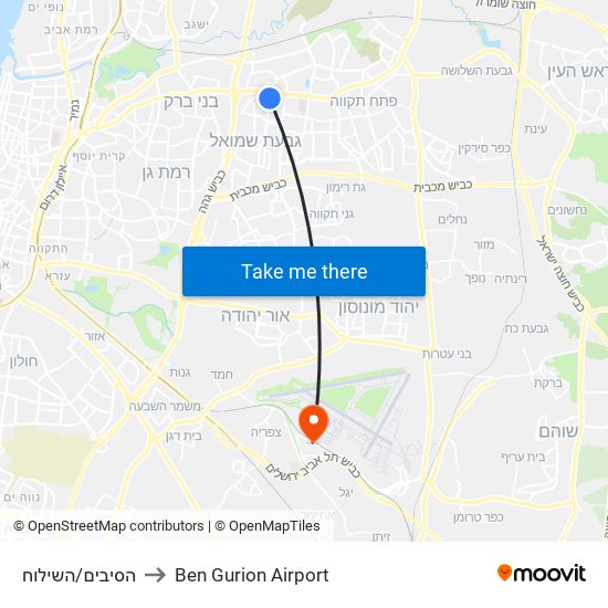 הסיבים/השילוח to Ben Gurion Airport map