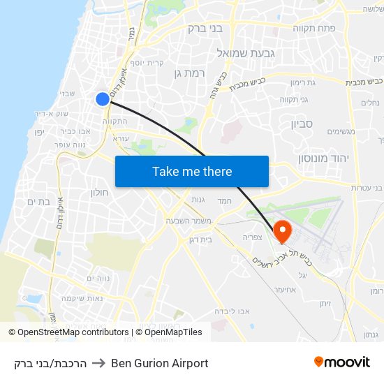 הרכבת/בני ברק to Ben Gurion Airport map