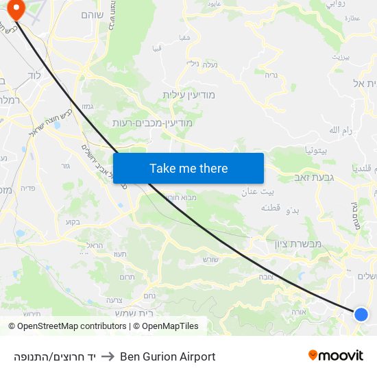 יד חרוצים/התנופה to Ben Gurion Airport map