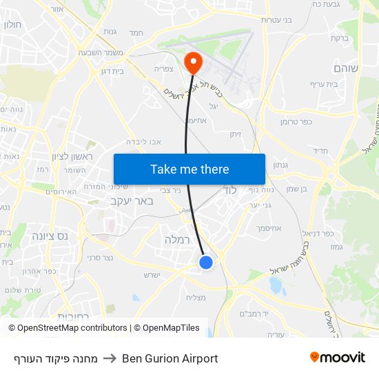מחנה פיקוד העורף to Ben Gurion Airport map