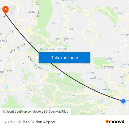 עליאש to Ben Gurion Airport map
