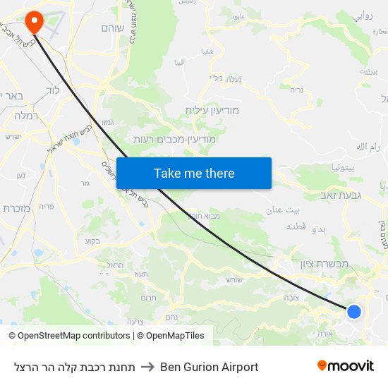 תחנת רכבת קלה הר הרצל to Ben Gurion Airport map