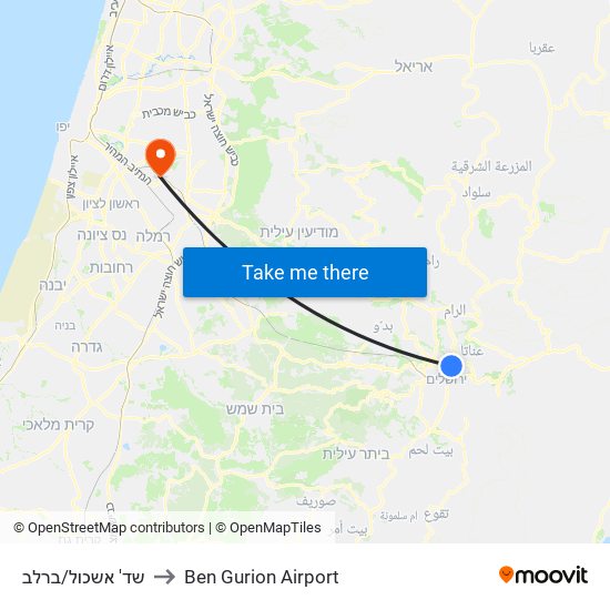 שד' אשכול/ברלב to Ben Gurion Airport map