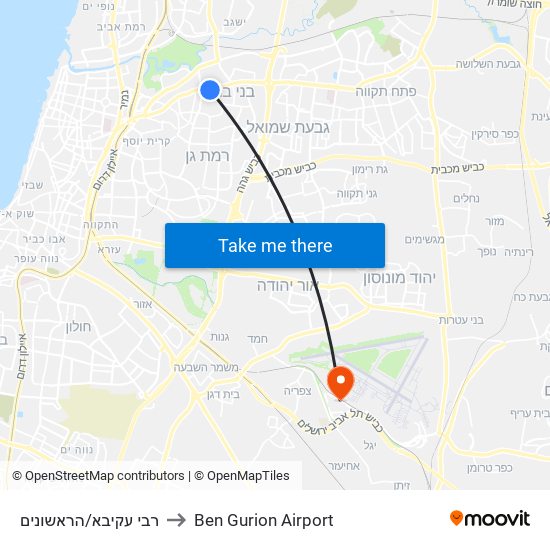 רבי עקיבא/הראשונים to Ben Gurion Airport map