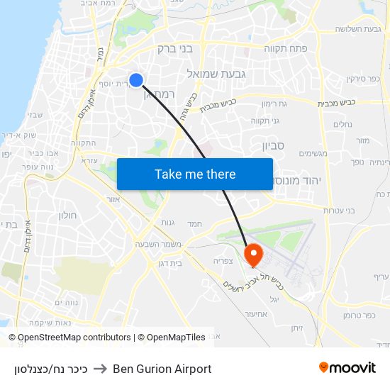 כיכר נח/כצנלסון to Ben Gurion Airport map
