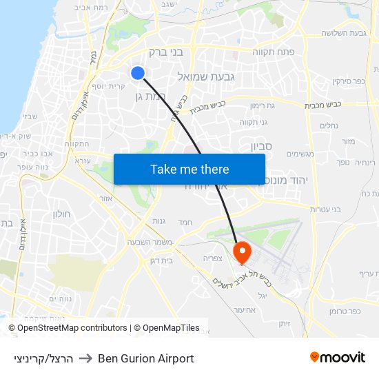 הרצל/קריניצי to Ben Gurion Airport map