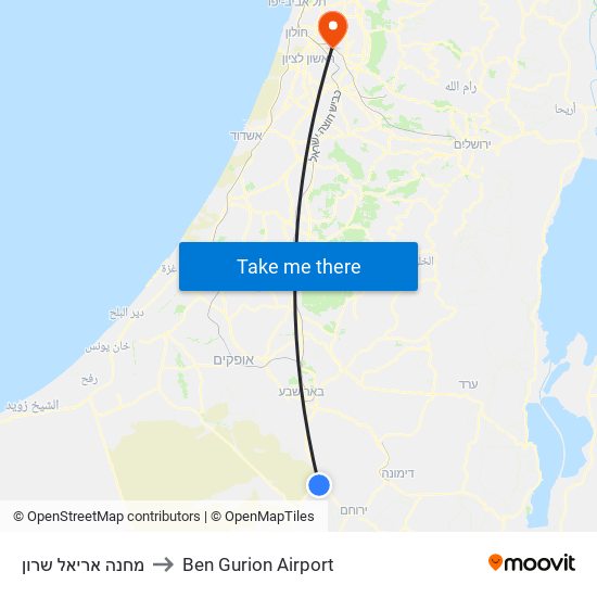 מחנה אריאל שרון to Ben Gurion Airport map