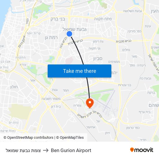 צומת גבעת שמואל to Ben Gurion Airport map