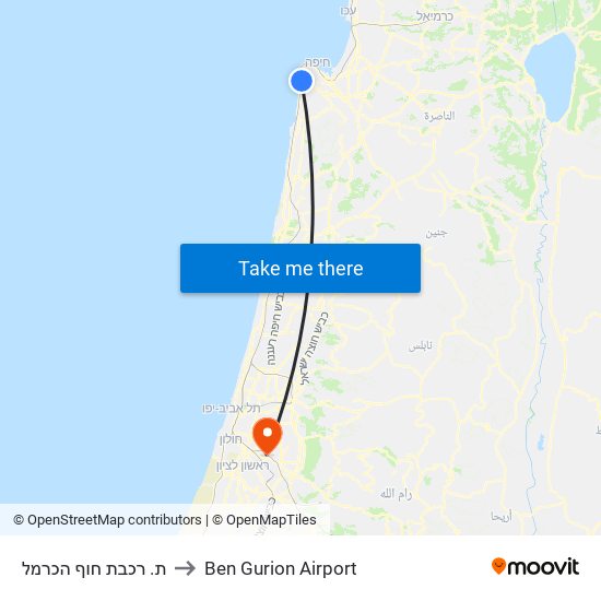 ת. רכבת חוף הכרמל to Ben Gurion Airport map