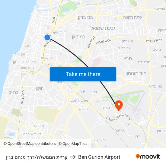 קריית הממשלה/דרך מנחם בגין to Ben Gurion Airport map