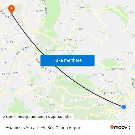 יפה נוף/שדרות הרצל to Ben Gurion Airport map