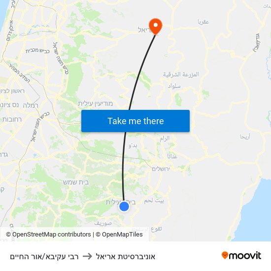 רבי עקיבא/אור החיים to אוניברסיטת אריאל map