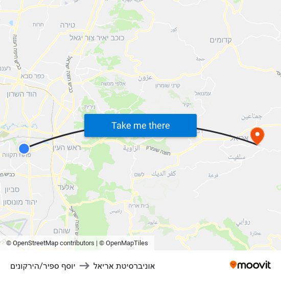 יוסף ספיר/הירקונים to אוניברסיטת אריאל map