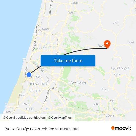 משה דיין/גדולי ישראל to אוניברסיטת אריאל map
