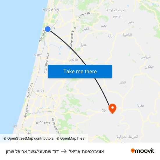 דוד שמעוני/גשר אריאל שרון to אוניברסיטת אריאל map