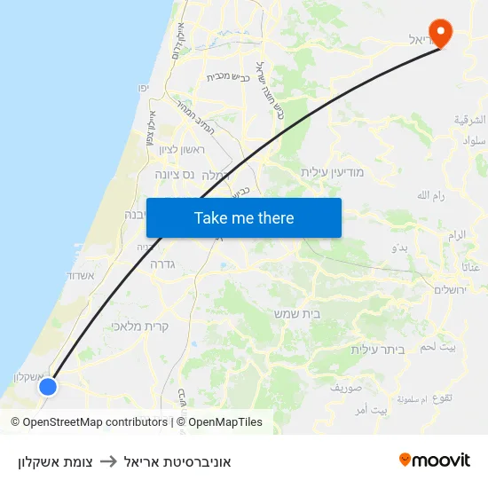 צומת אשקלון to אוניברסיטת אריאל map