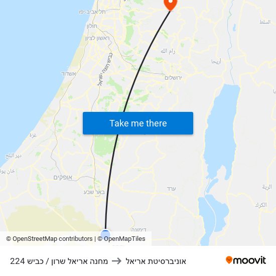 מחנה אריאל שרון / כביש 224 to אוניברסיטת אריאל map