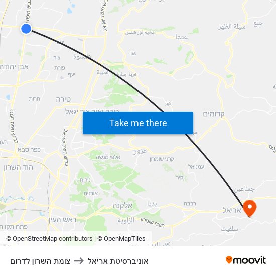 צומת השרון לדרום to אוניברסיטת אריאל map