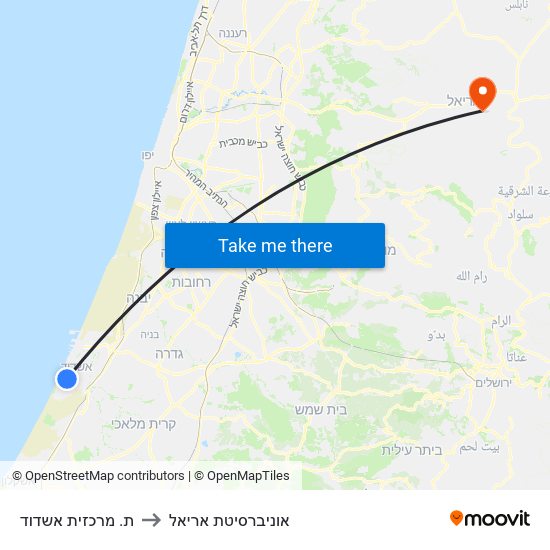 ת. מרכזית אשדוד to אוניברסיטת אריאל map