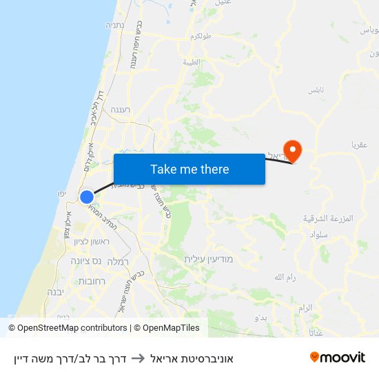 דרך בר לב/דרך משה דיין to אוניברסיטת אריאל map