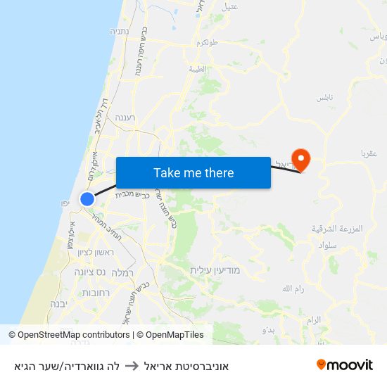 לה גווארדיה/שער הגיא to אוניברסיטת אריאל map