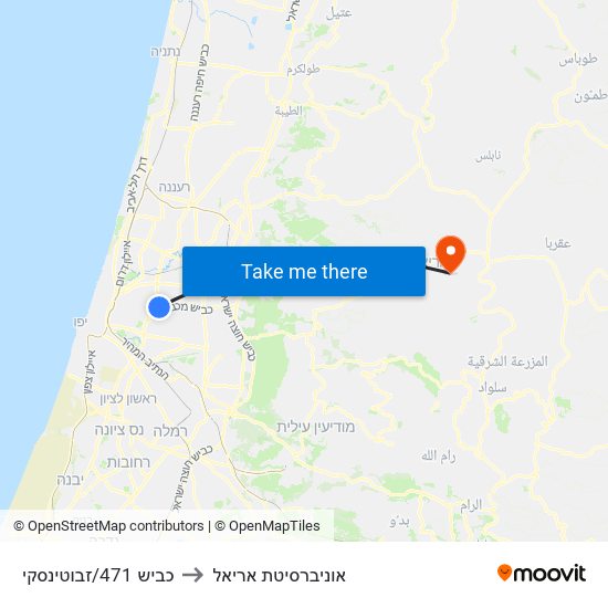 כביש 471/זבוטינסקי to אוניברסיטת אריאל map