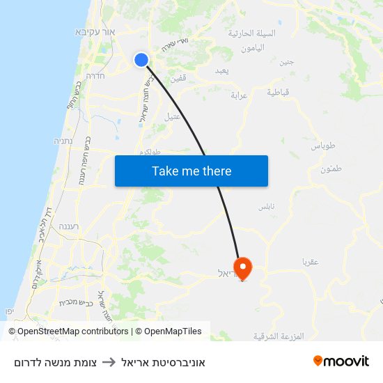 צומת מנשה לדרום to אוניברסיטת אריאל map