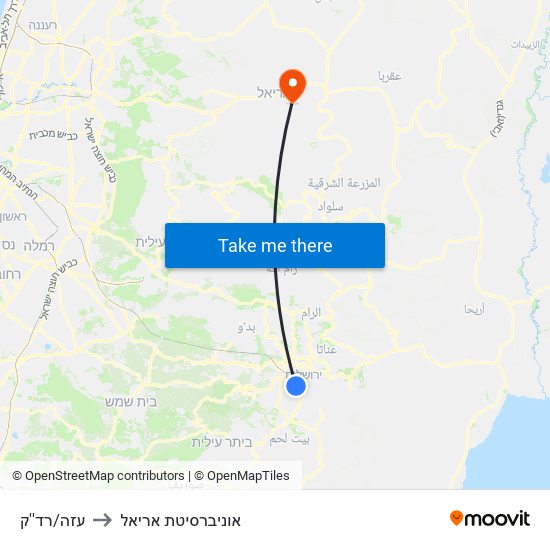 עזה/רד''ק to אוניברסיטת אריאל map