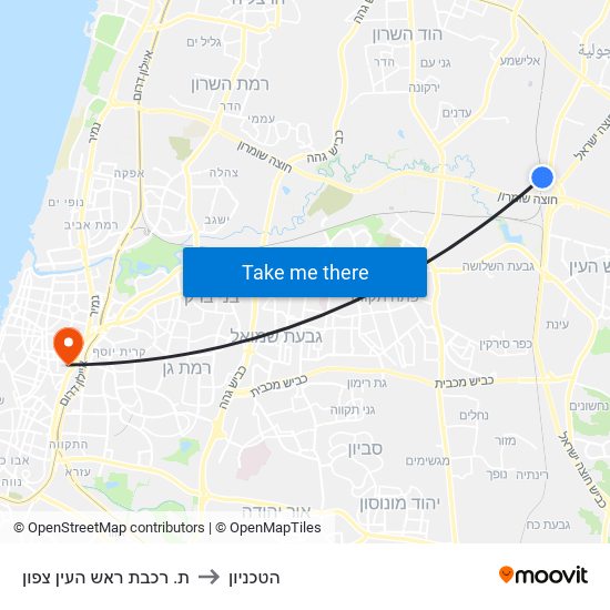 ת. רכבת ראש העין צפון to הטכניון map