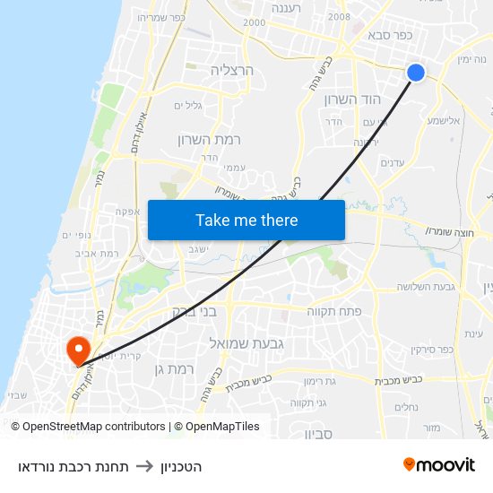 תחנת רכבת נורדאו to הטכניון map