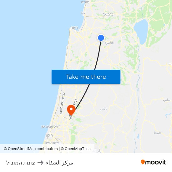 מחלף המוביל/לדרום to مركز الشفاء map