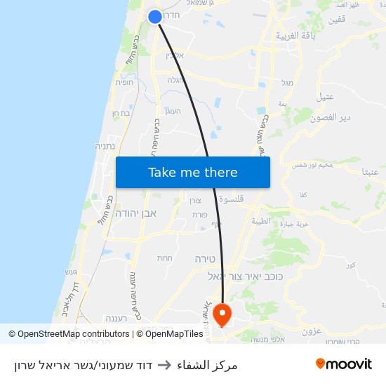 דוד שמעוני/גשר אריאל שרון to مركز الشفاء map