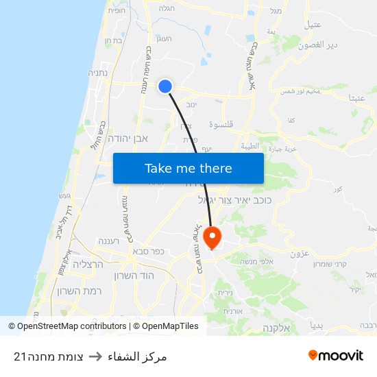 צומת מחנה21 to مركز الشفاء map