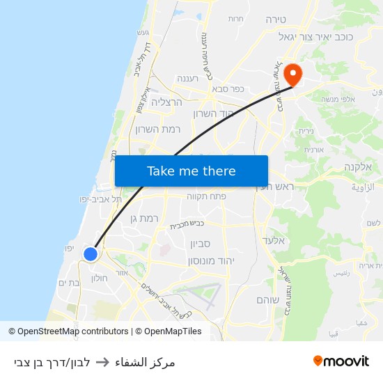 לבון/דרך בן צבי to مركز الشفاء map