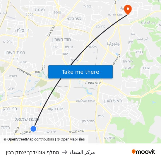 מחלף אונו/דרך יצחק רבין to مركز الشفاء map