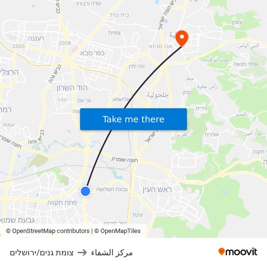 צומת גנים/ירושלים to مركز الشفاء map