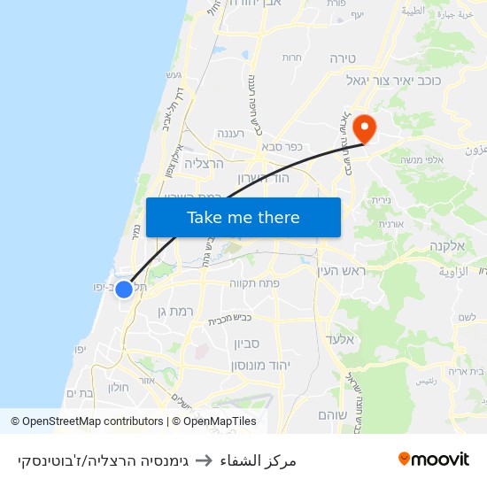 גימנסיה הרצליה/ז'בוטינסקי to مركز الشفاء map