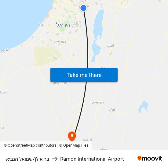 בר אילן/שמואל הנביא to Ramon International Airport map