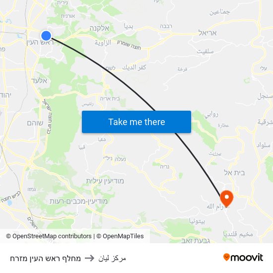 מחלף ראש העין מזרח to مركز ليان map