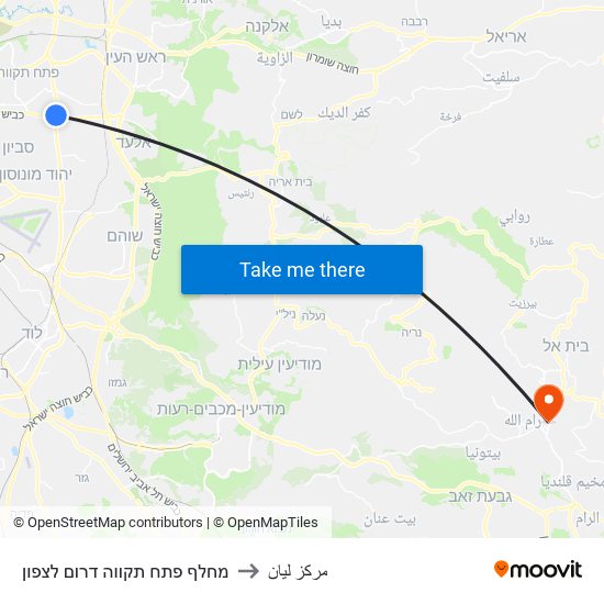 מחלף פתח תקווה דרום לצפון to مركز ليان map