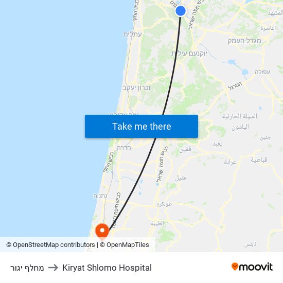 מחלף יגור to Kiryat Shlomo Hospital map