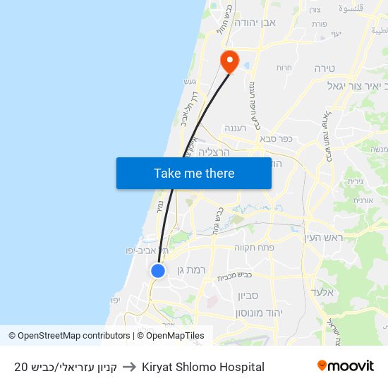 קניון עזריאלי/כביש 20 to Kiryat Shlomo Hospital map