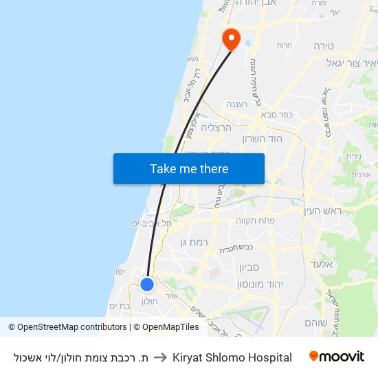 ת. רכבת צומת חולון/לוי אשכול to Kiryat Shlomo Hospital map
