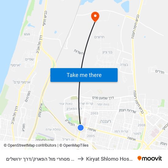 מרכז מסחרי מול הפארק/דרך ירושלים to Kiryat Shlomo Hospital map