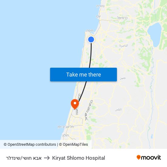 אבא חושי/שינדלר to Kiryat Shlomo Hospital map