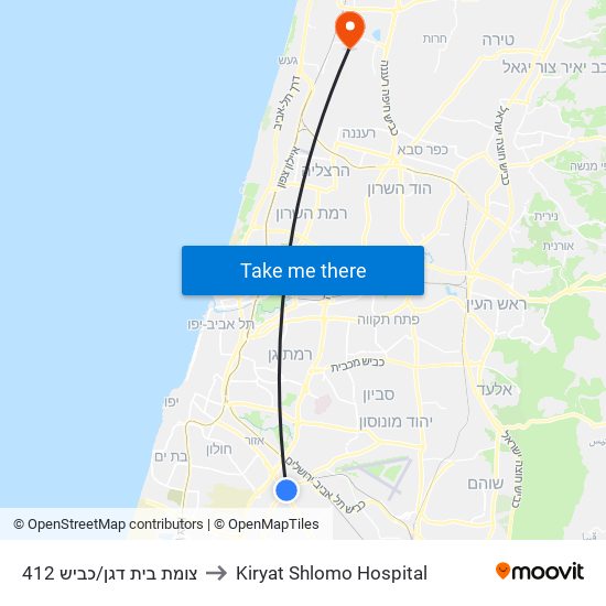 צומת בית דגן/כביש 412 to Kiryat Shlomo Hospital map