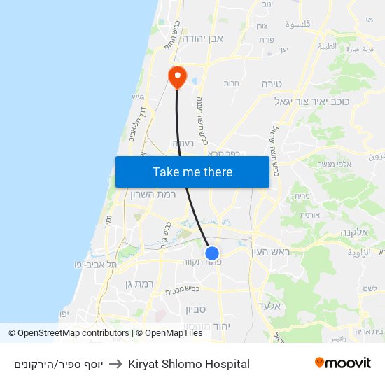 יוסף ספיר/הירקונים to Kiryat Shlomo Hospital map