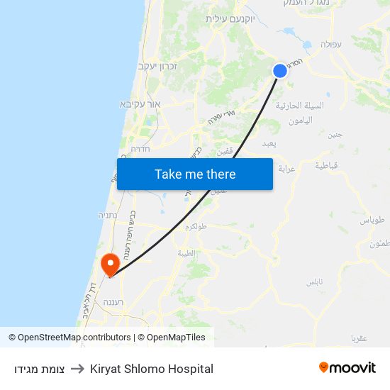 צומת מגידו to Kiryat Shlomo Hospital map
