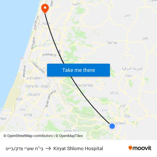 בי''ח שערי צדק/בייט to Kiryat Shlomo Hospital map